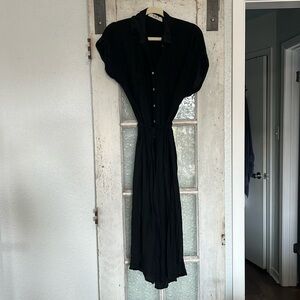 Aura Black Short Sleeve Button Down Side Slit Collar Pockets Maxi Shirt Dress S